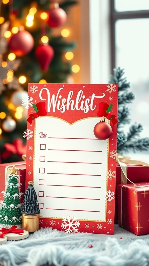 Christmas Wishlist Card Template A colorful Christmas wishlist card with festive decorations, ready to be filled out.